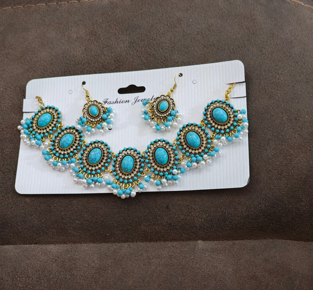 Bohemian Style Synthetic Turquoise & Faux Pearls Choker Necklace & Earrings Set