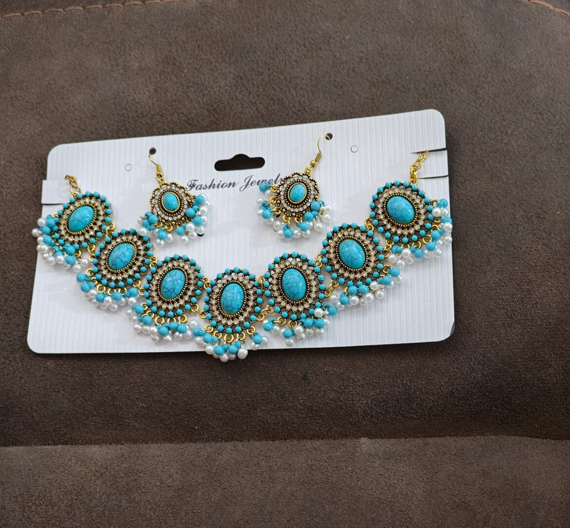 Bohemian Style Synthetic Turquoise & Faux Pearls Choker Necklace & Earrings Set