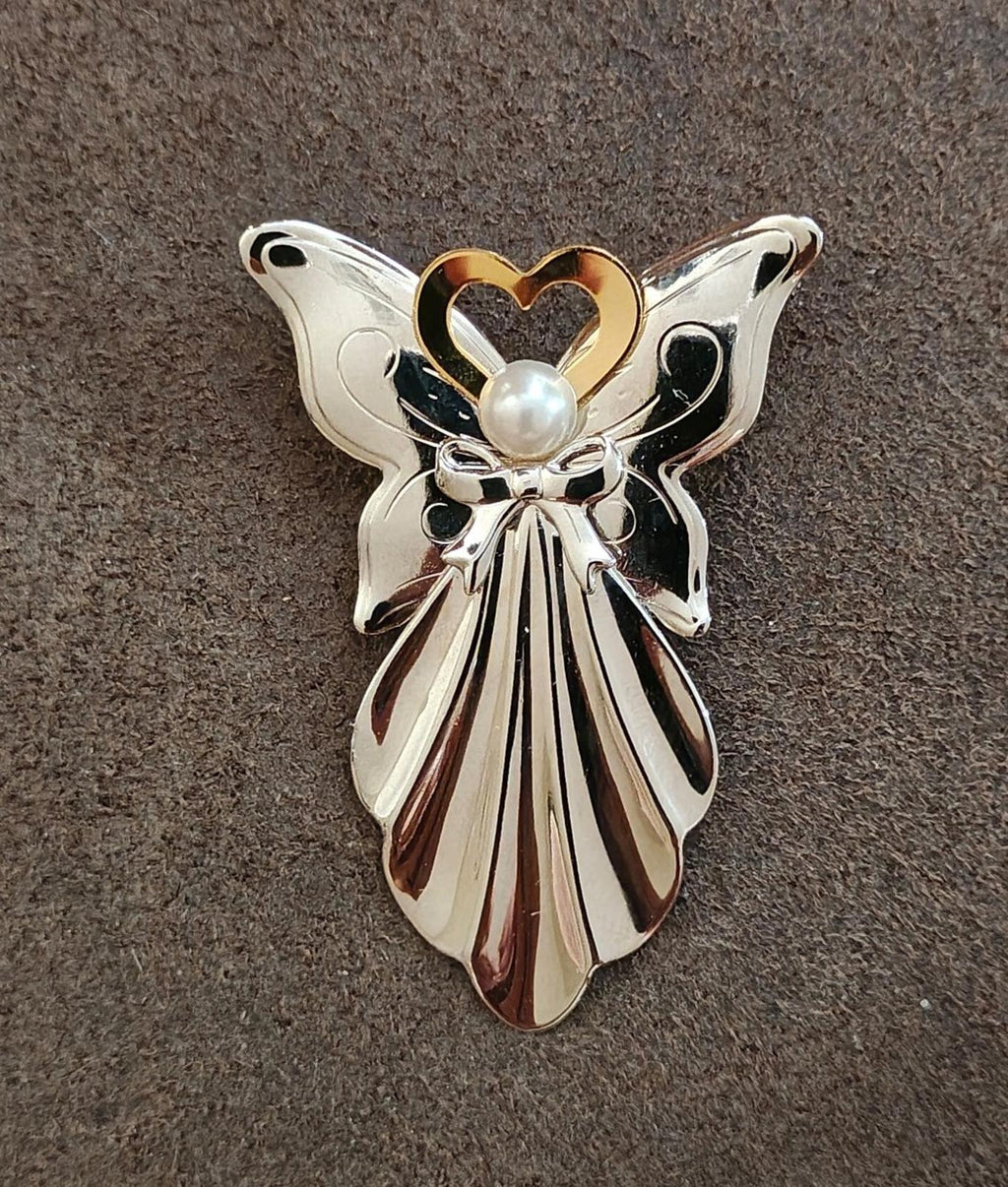 Two-tone angel brooch pin with faux pearl and gold heart halo, detailed wing design