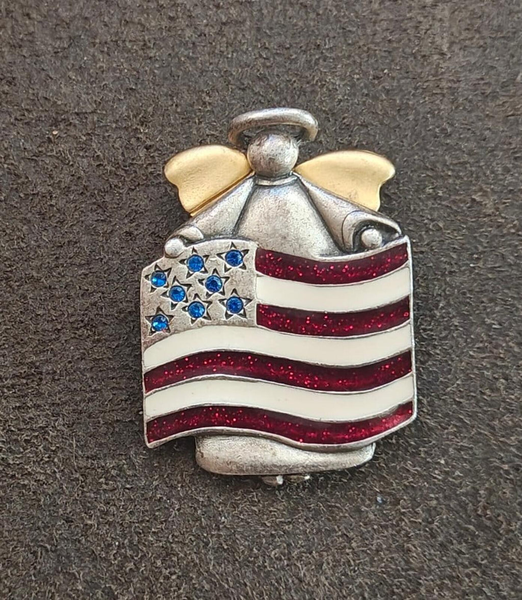 1980s Signed AJMC Fine Pewter Patriotic American Flag Angel Brooch