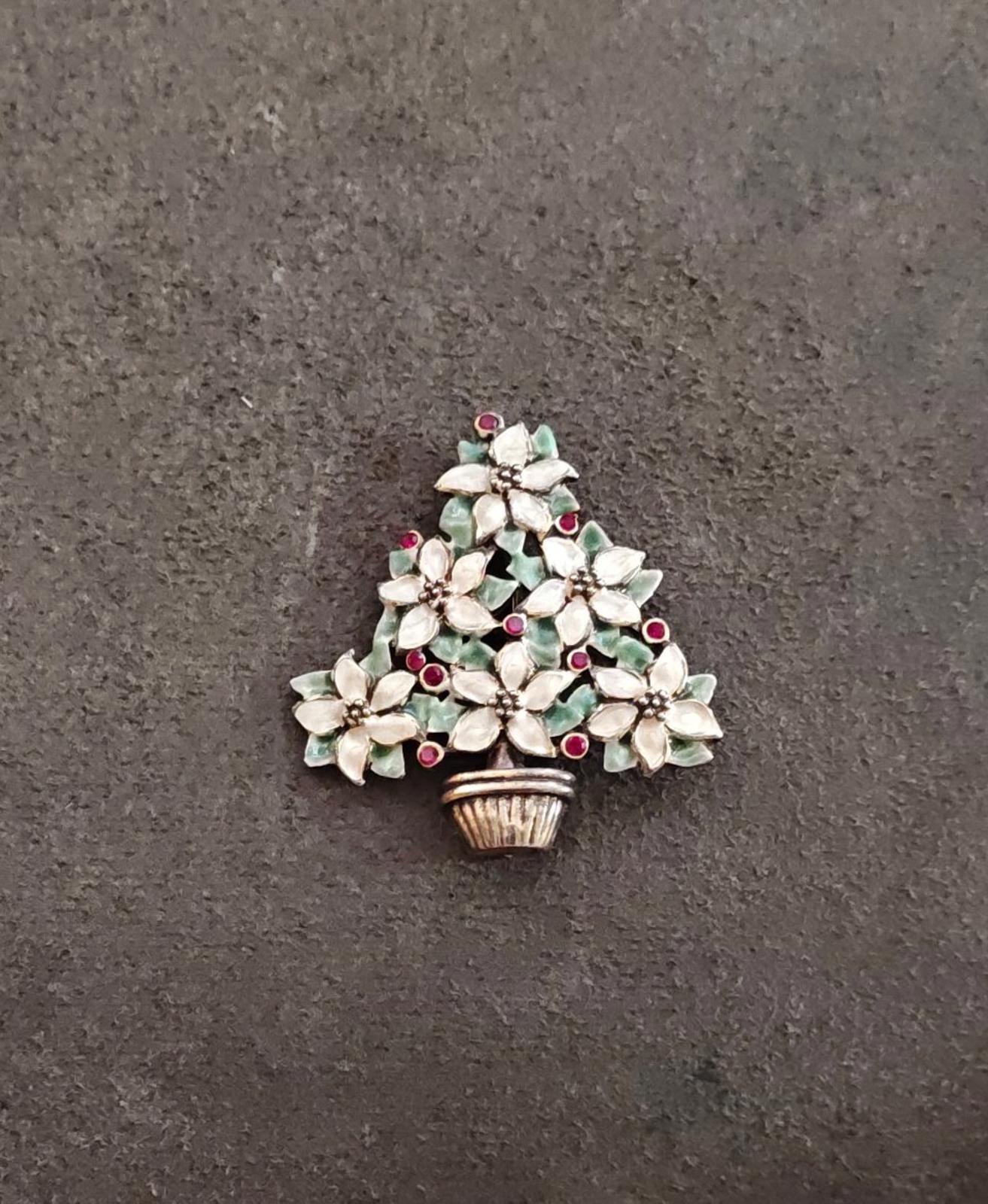1960s Gold Tone Christmas Tree Brooch Featuring a Poinsettia Floral Design