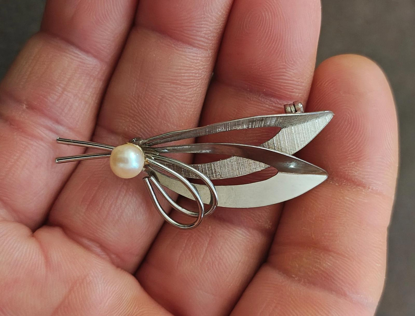 1950s/60s Sterling Silver Modernist With Cultured Pearl Brooch