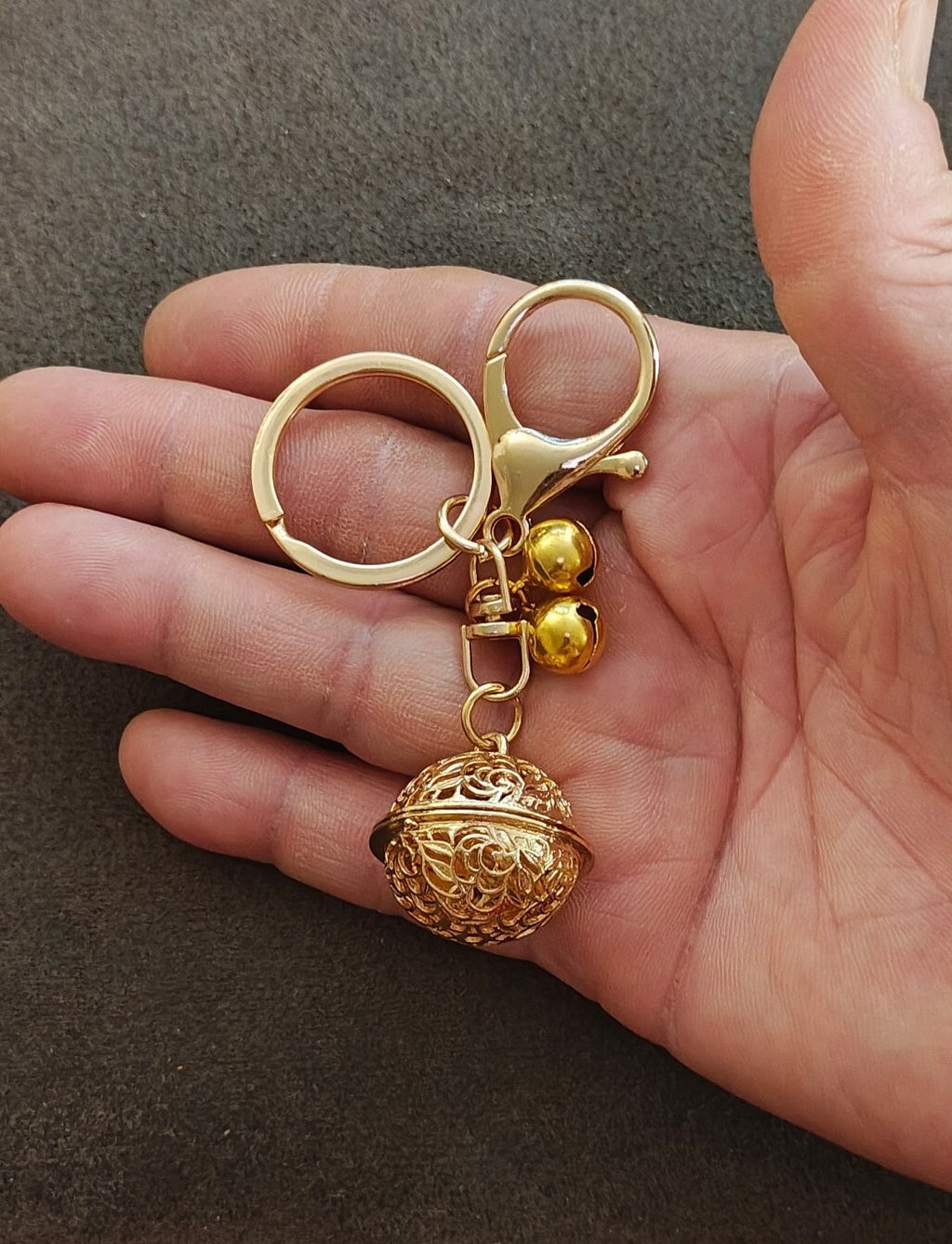 Gold Tone Filigree Chime Ball Keychain