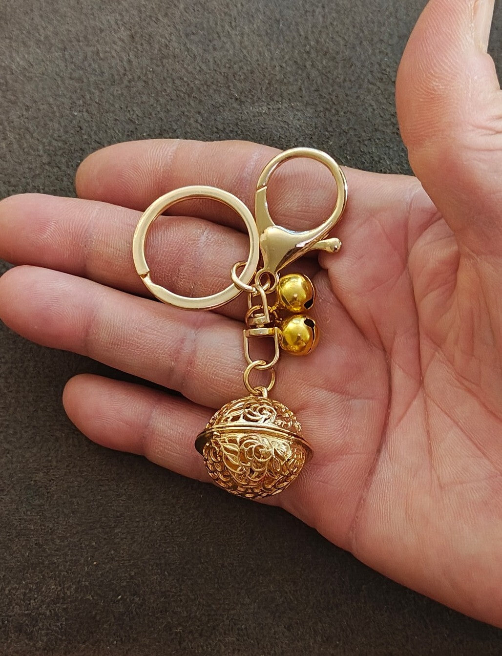 Gold Tone Filigree Chime Ball Keychain