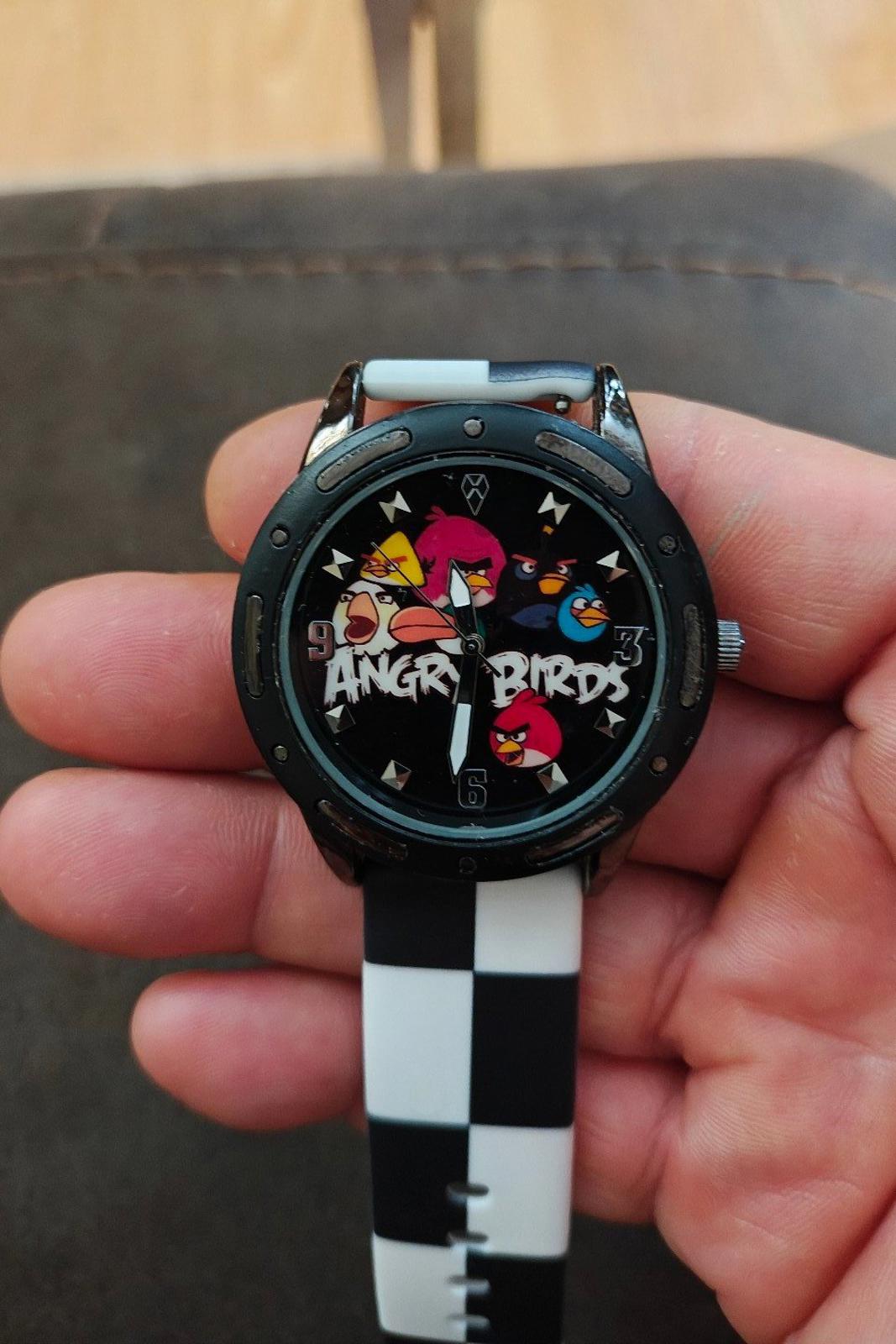 Cool Angry Birds Silver Tone With Black & White Checkered Silicone Band Watch.