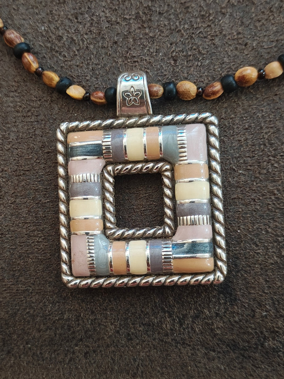 Retired Brighton "Cabana" Square  Pendant Necklace With Custom Beaded Strand