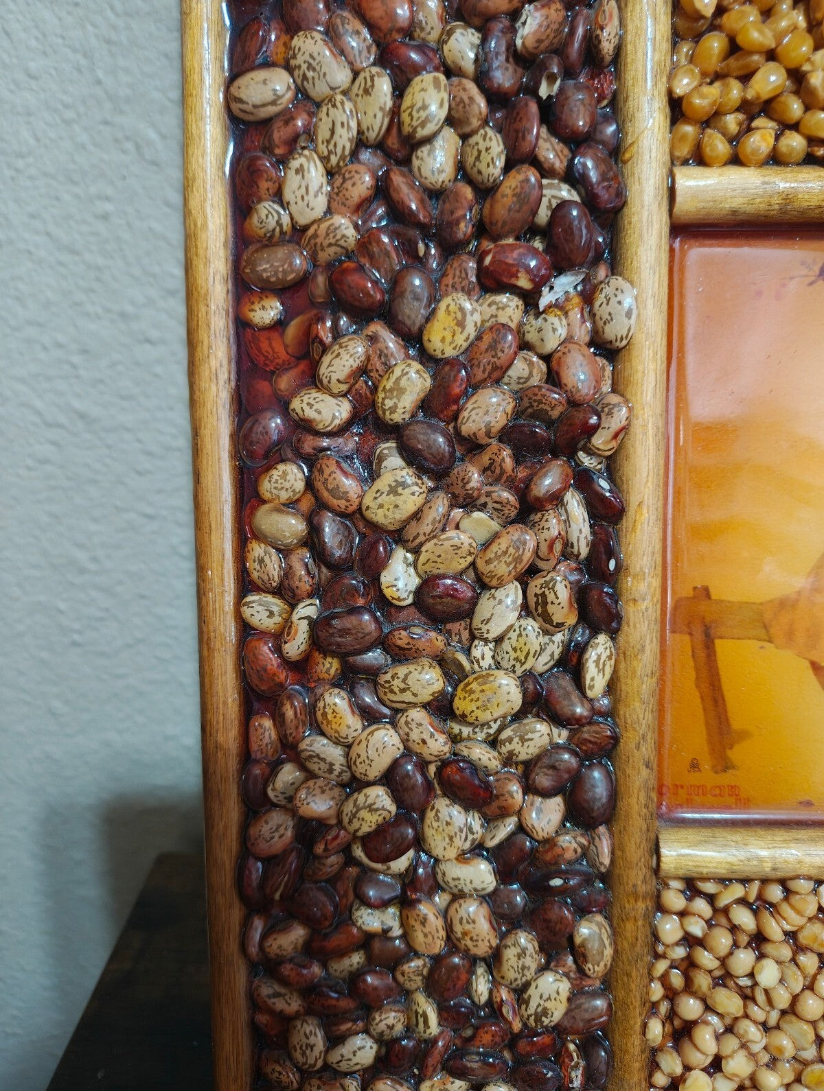 1970s Norman Rockwell Sweet Serenade Print Handmade Seed & Bean Mosaic Shadowbox
