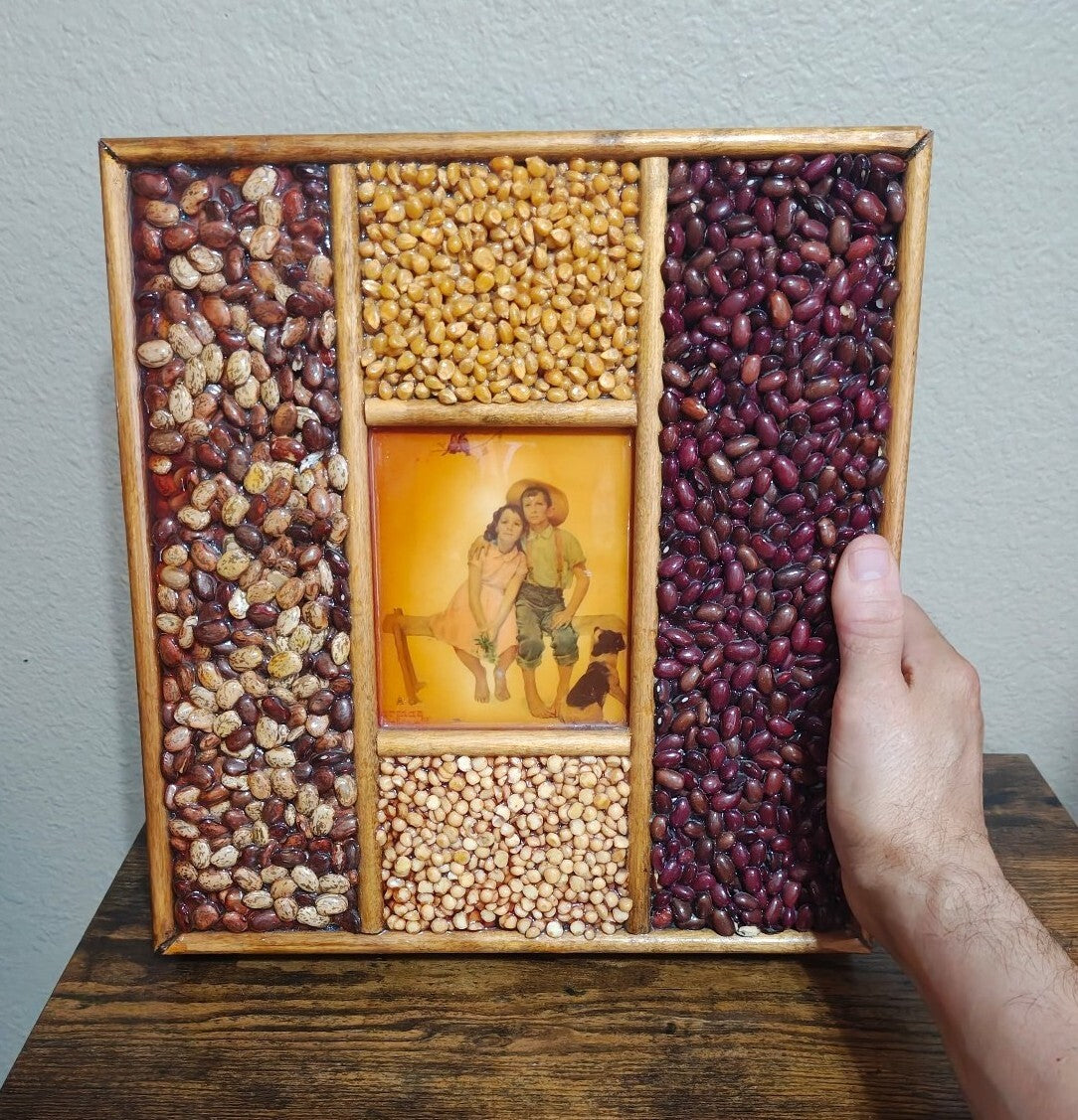 1970s Norman Rockwell Sweet Serenade Print Handmade Seed & Bean Mosaic Shadowbox