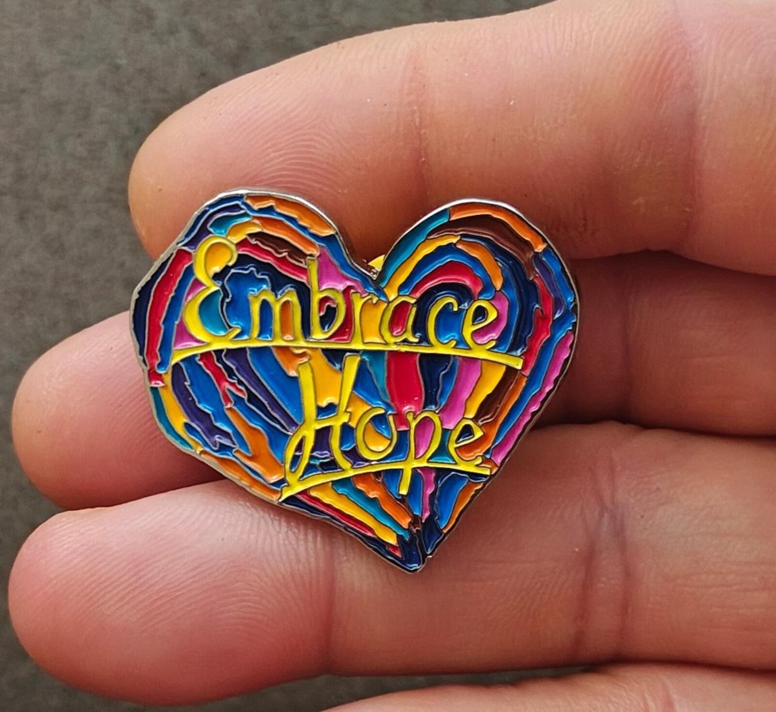 1990s Penzeys Spices Embrace Hope Rainbow Heart Enamel Pin
