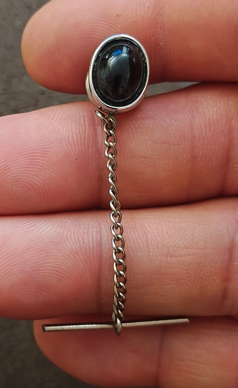 1950s/60s Swank Silver Tone Tie Tack/Lapel Pin With An Oval Dark Cabochon
