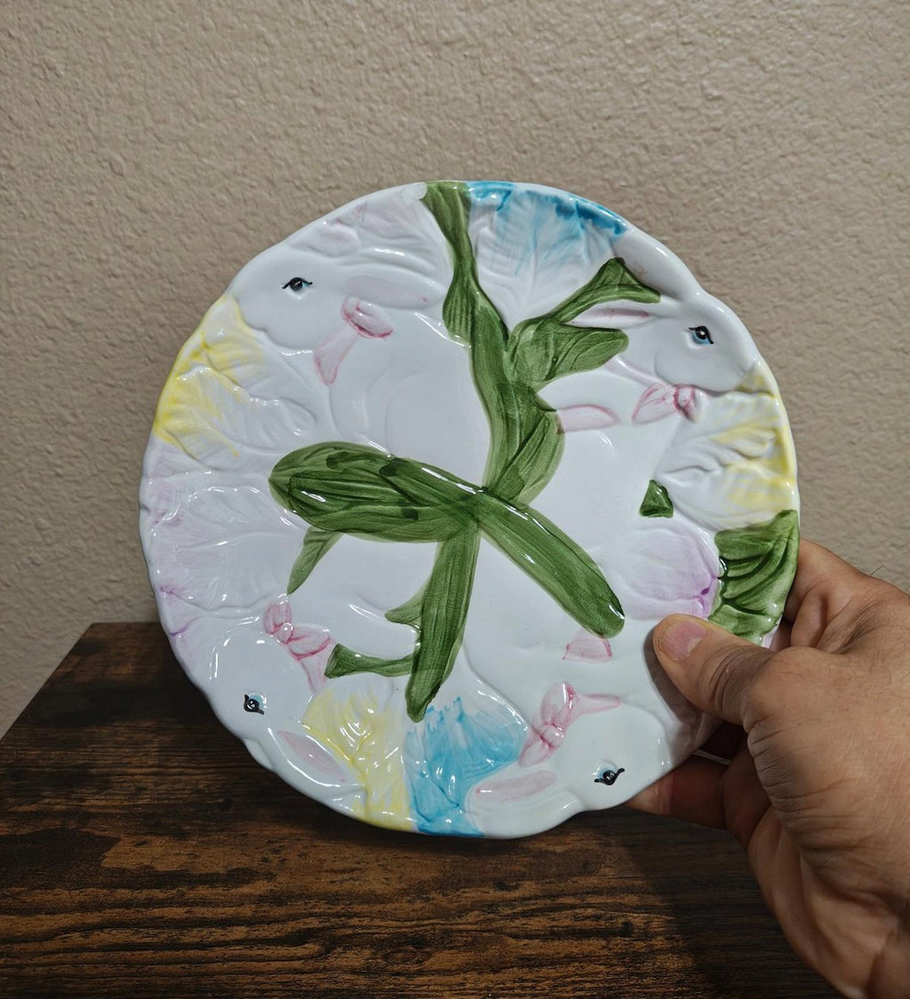 1970s S E Taiwan Ceramics 3D Embossed White Bunny Rabbit Plate