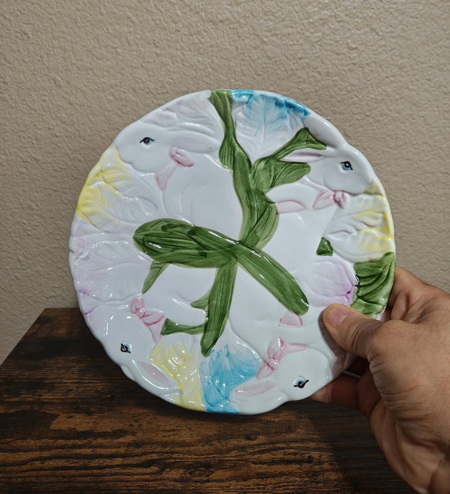 1970s S E Taiwan Ceramics 3D Embossed White Bunny Rabbit Plate