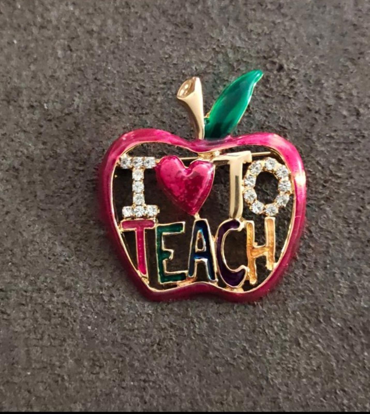 1980s "I Love To Teach" Apple Gold Tone With Rhinestones Enamel Brooch