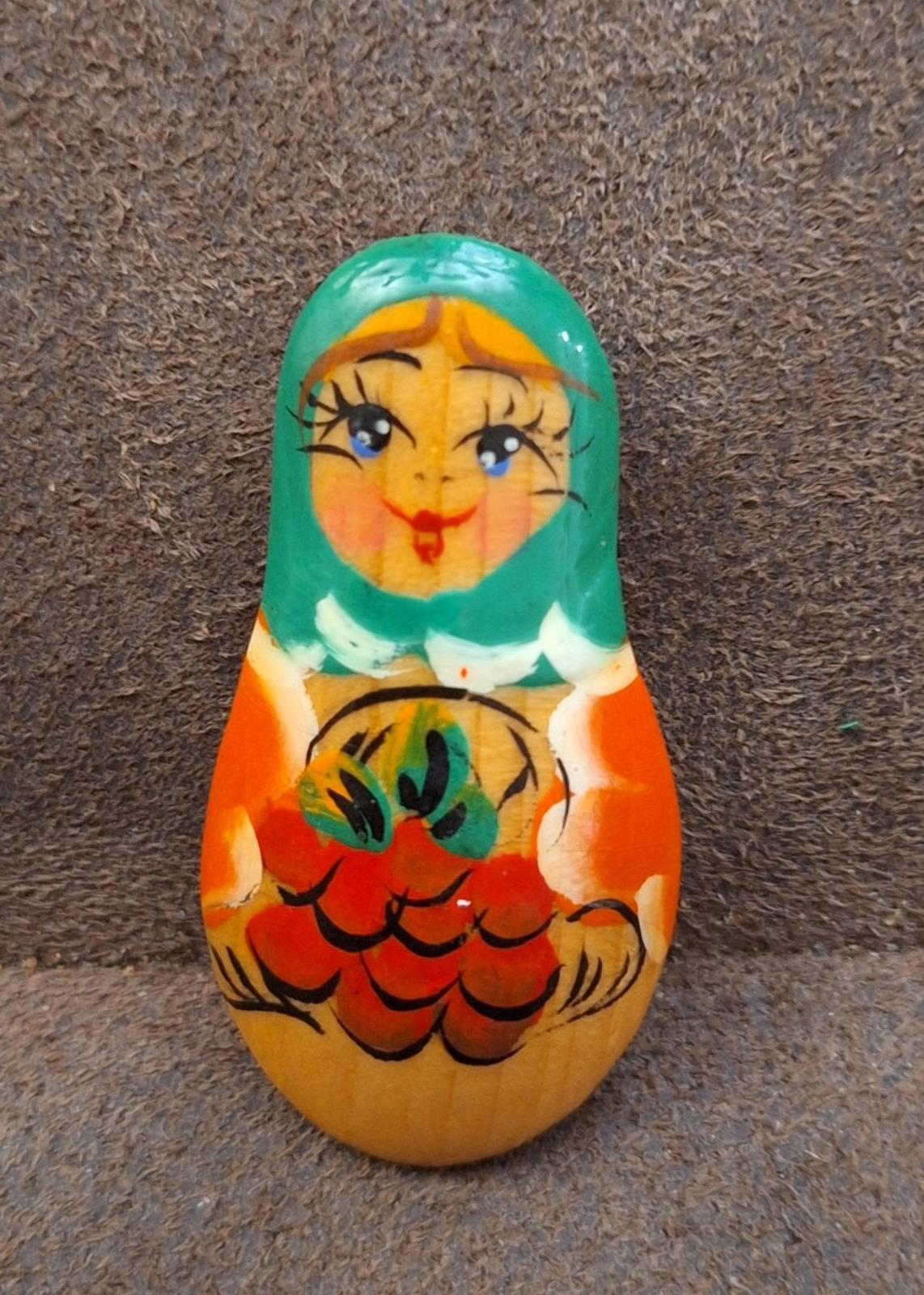 Vintage Wooden Hand Painted Eastern Europe Babushka Brooch
