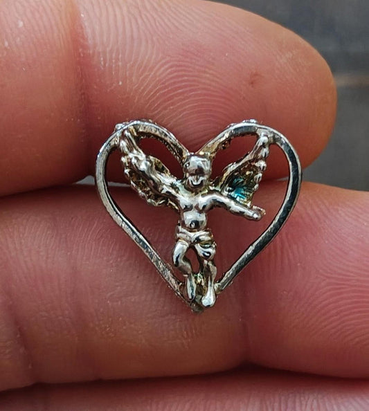 1980's Silver Tone Angel Inside A Heart Pin