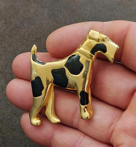 1970s Vintage Airedale Terrier Gold Tone Black Enamel With Rhinestone Eye Brooch