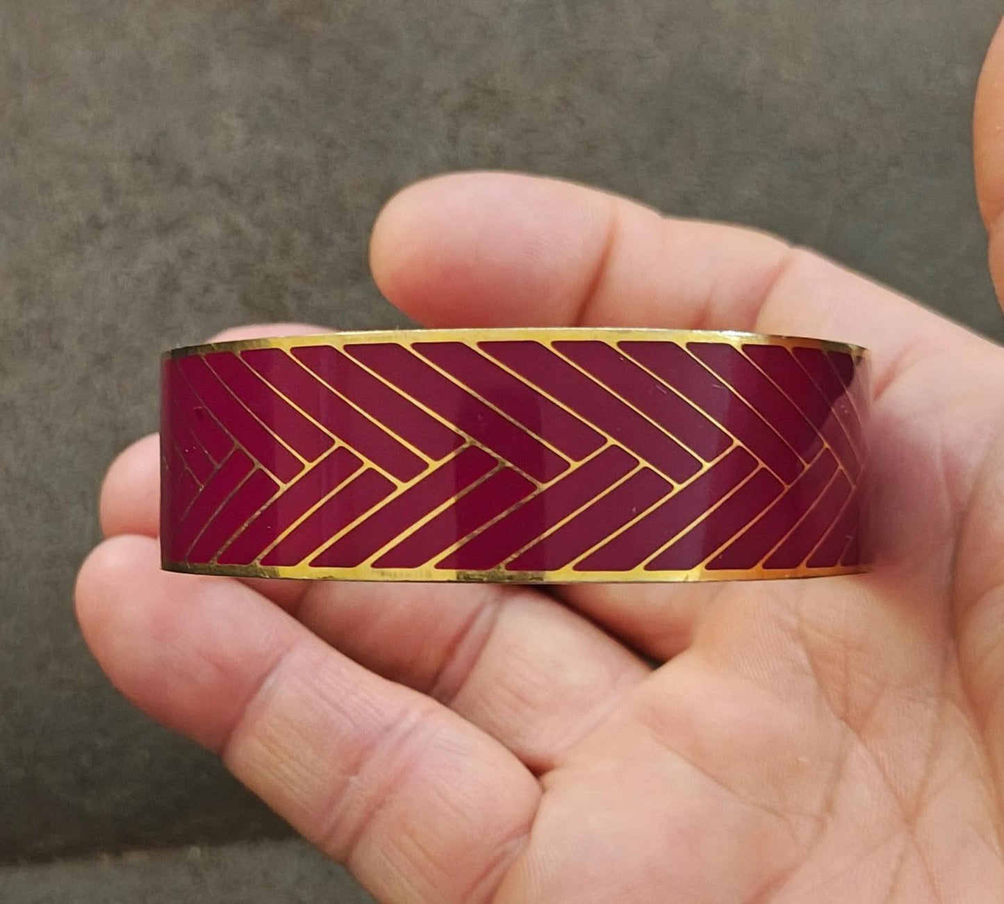 1990s J.Crew Gold Plated With Burgundy Enamel Herringbone Bangle Bracelet