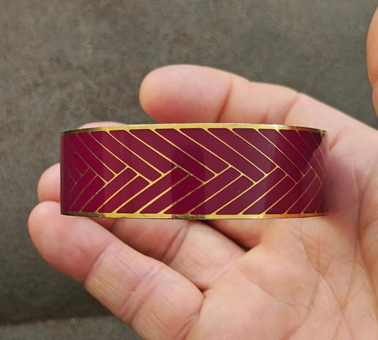 1990s J.Crew Gold Plated With Burgundy Enamel Herringbone Bangle Bracelet