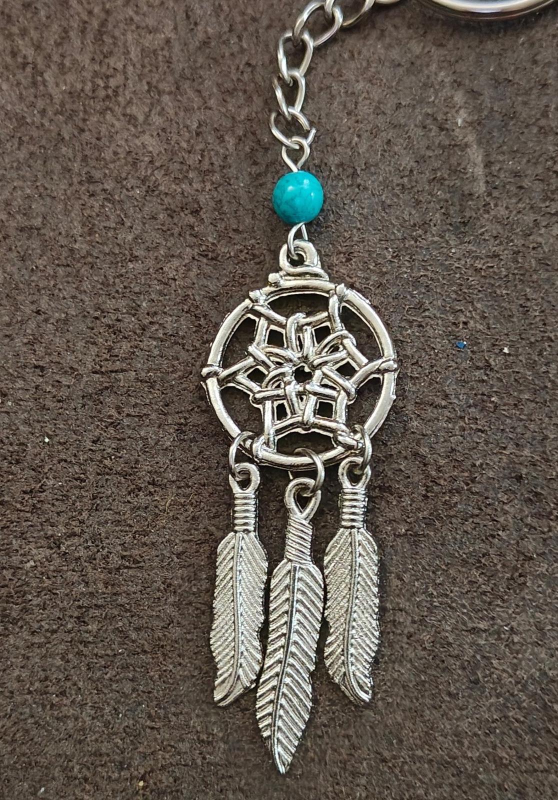 1990s Vintage Silver Tone With Faux Turquoise Bead Dreamcatcher Keychain