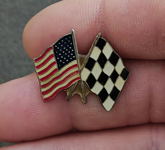 1980's American Flag and Checkered Flag Gold Tone Pin