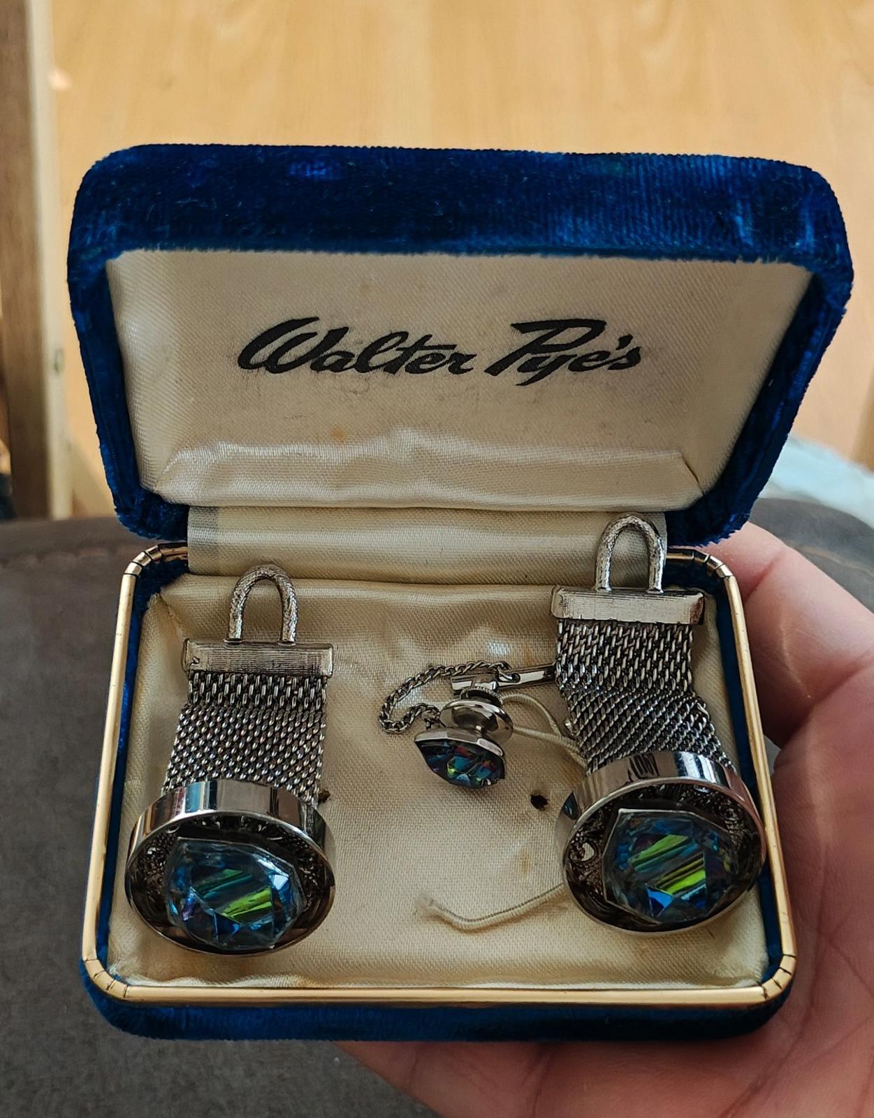 1950/60’s Walter Pye’s Iridescent Watermelon Rivoli Stone Cufflinks and Tie Tack