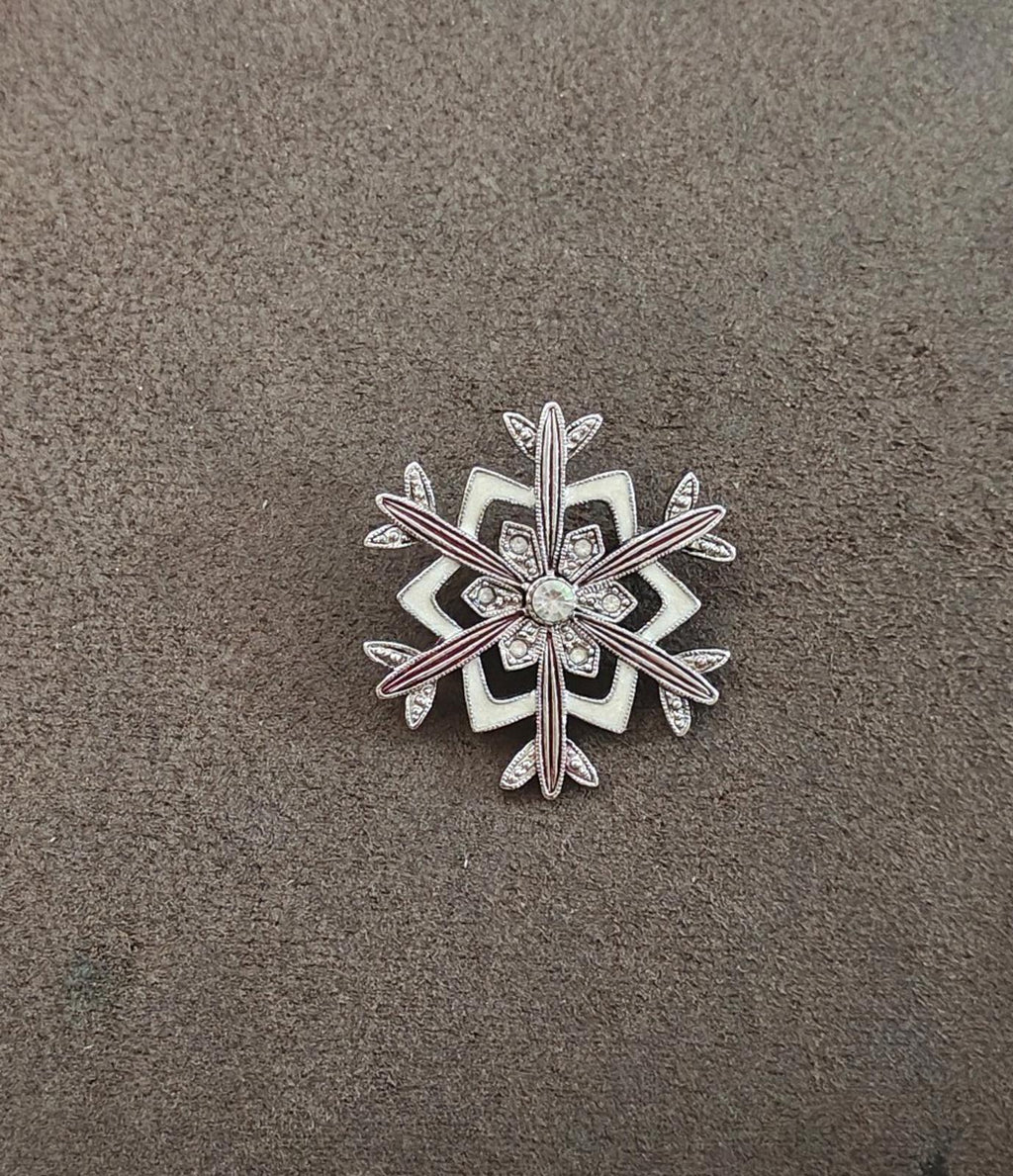 2000s Lia Sophia Silver Tone Snowflake With Iridescent Rhinestones Enamel Brooch
