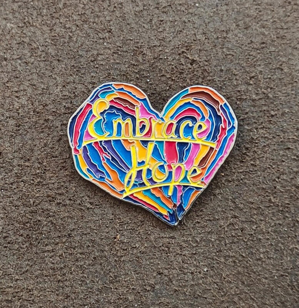 1990s Penzeys Spices Embrace Hope Rainbow Heart Enamel Pin