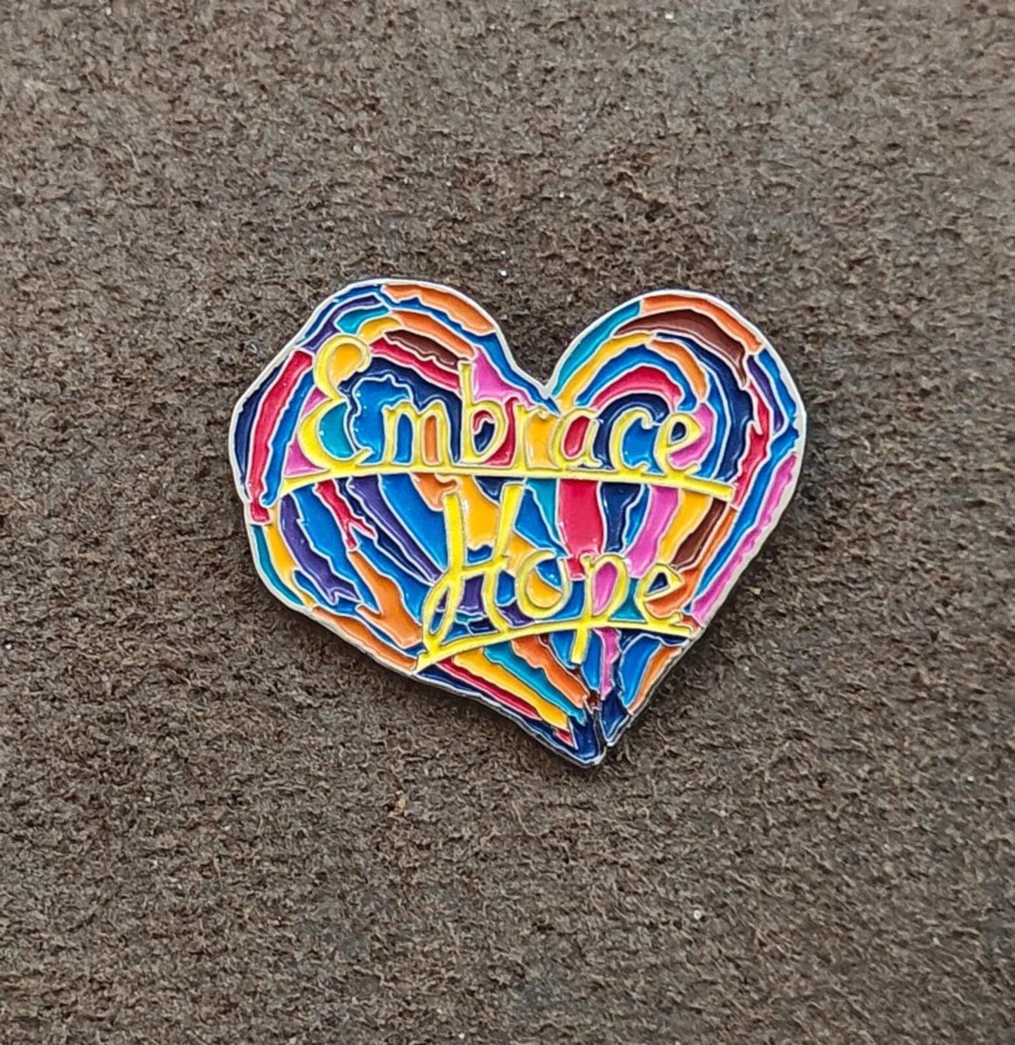 1990s Penzeys Spices Embrace Hope Rainbow Heart Enamel Pin