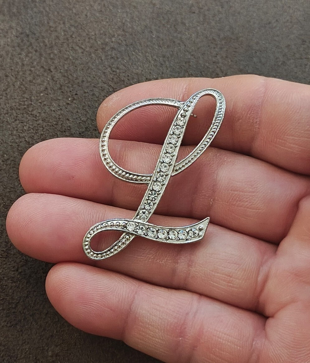 Silver Tone Monogram Initial "L" With Sparkling Clear Rhinestones Brooch