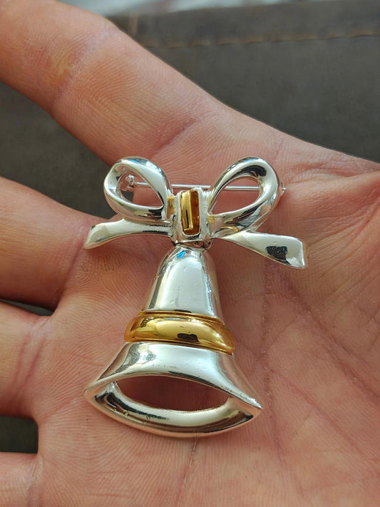 1980s Two Tone Christmas Bell With Bow Brooch