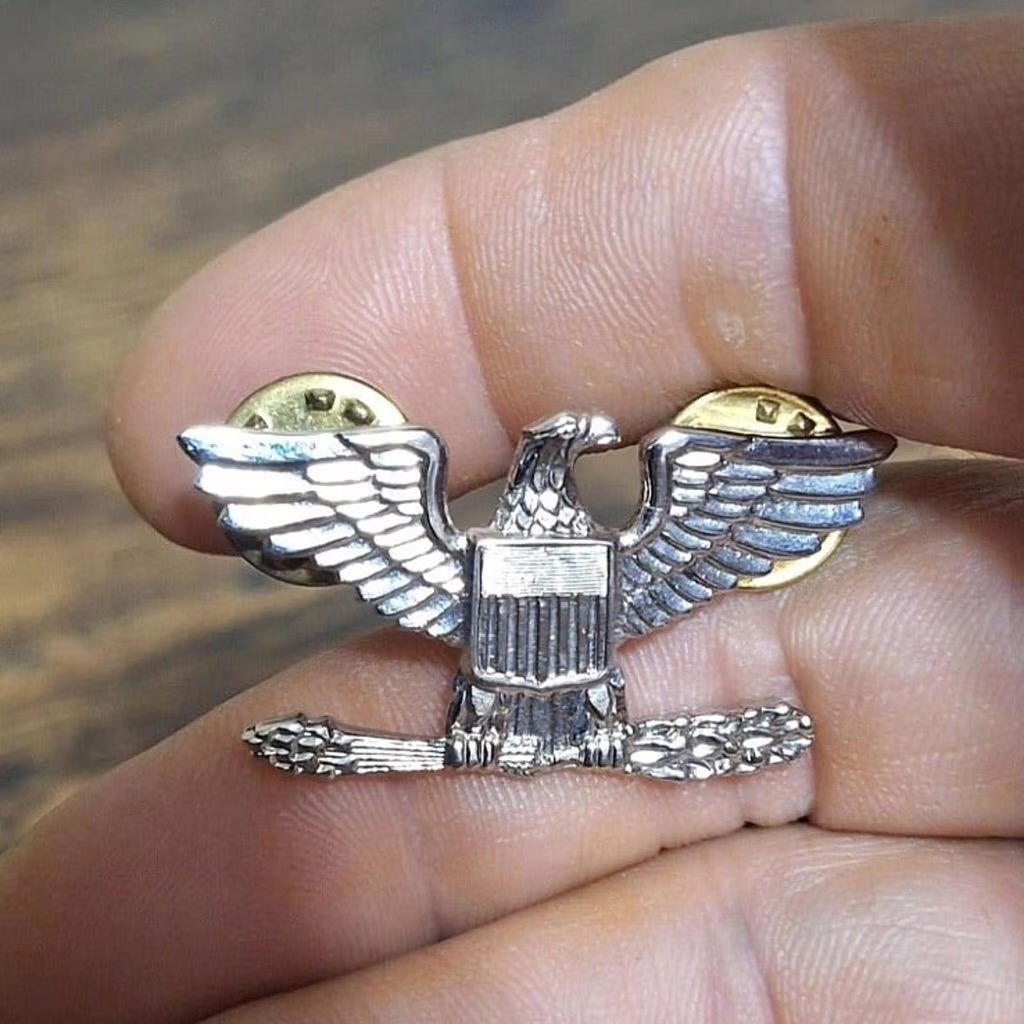 Silver-tone eagle rank pin showing spread wings, central shield, and gold accent patches
