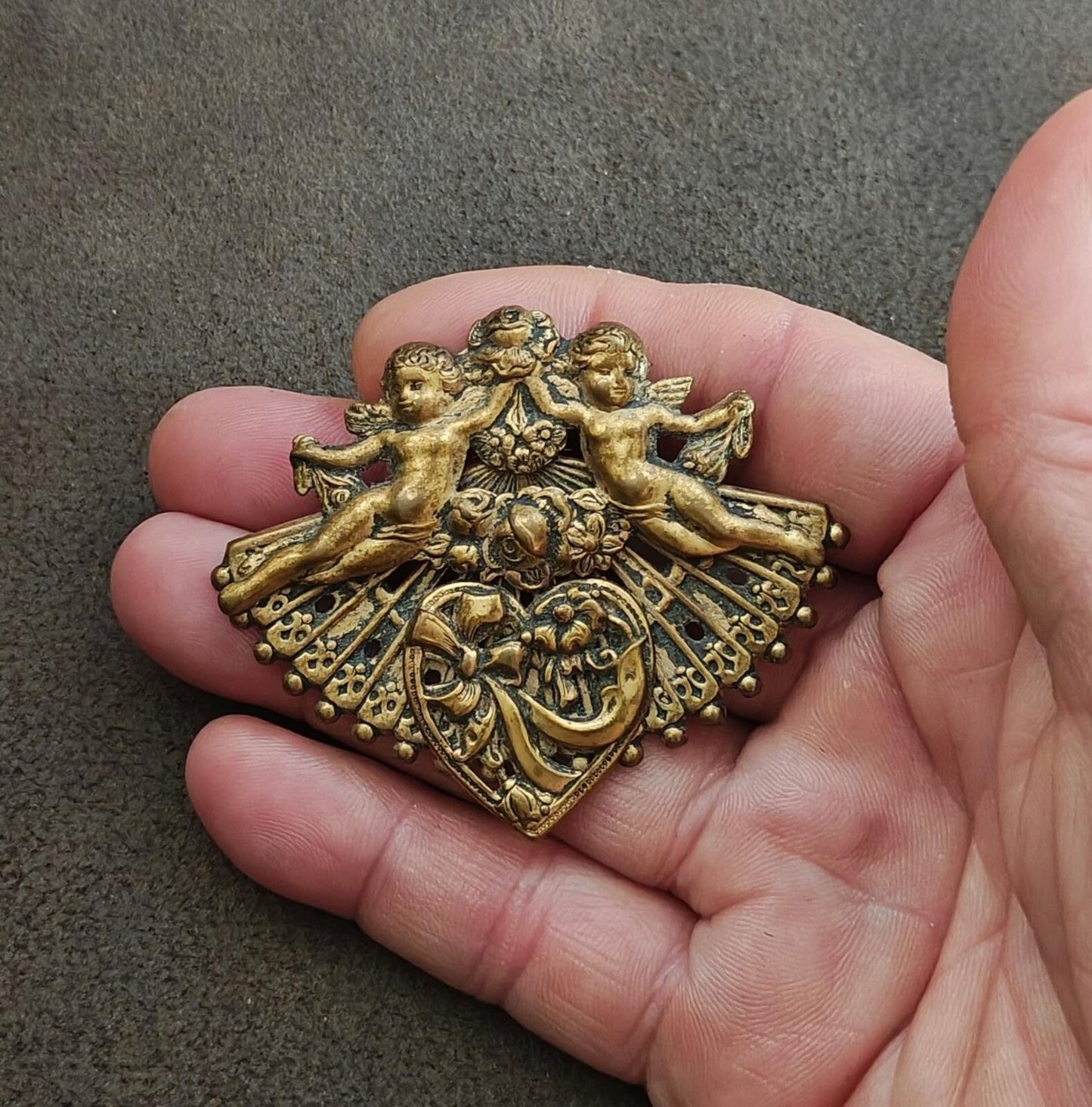 1970s/80s Gold Tone Renaissance Revival Style Double Cherub Brooch