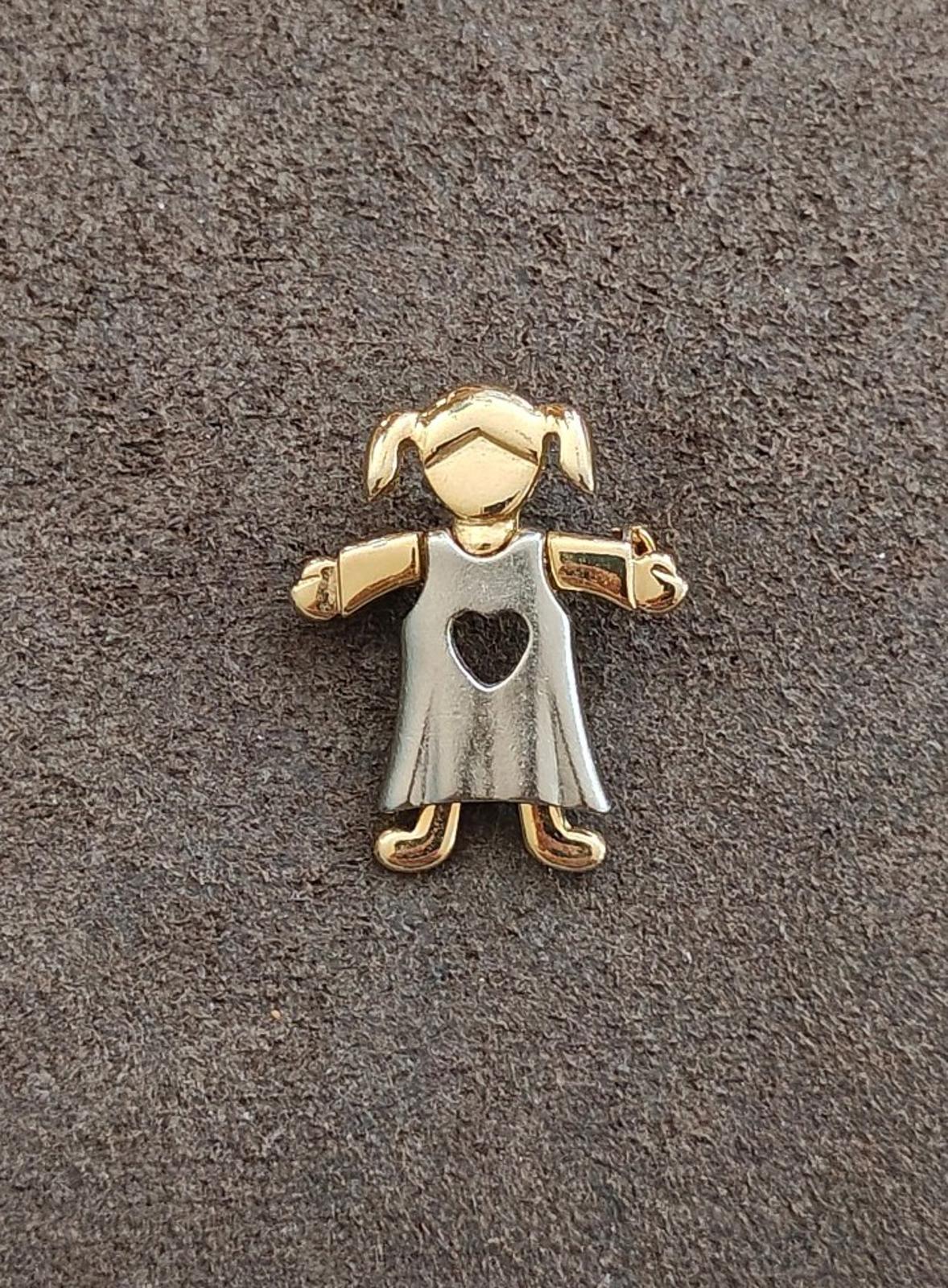1990s Two Tone Little Girl With Pigtails In Dress With Heart Shaped Cutout Brooch