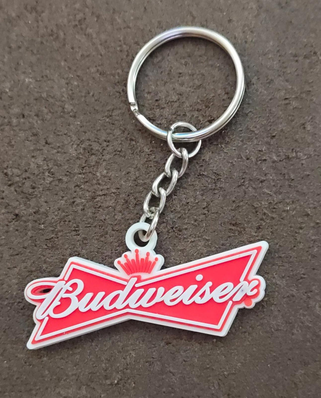 Budweiser bowtie logo keychain with silver ring, red white bowtie logo charm
