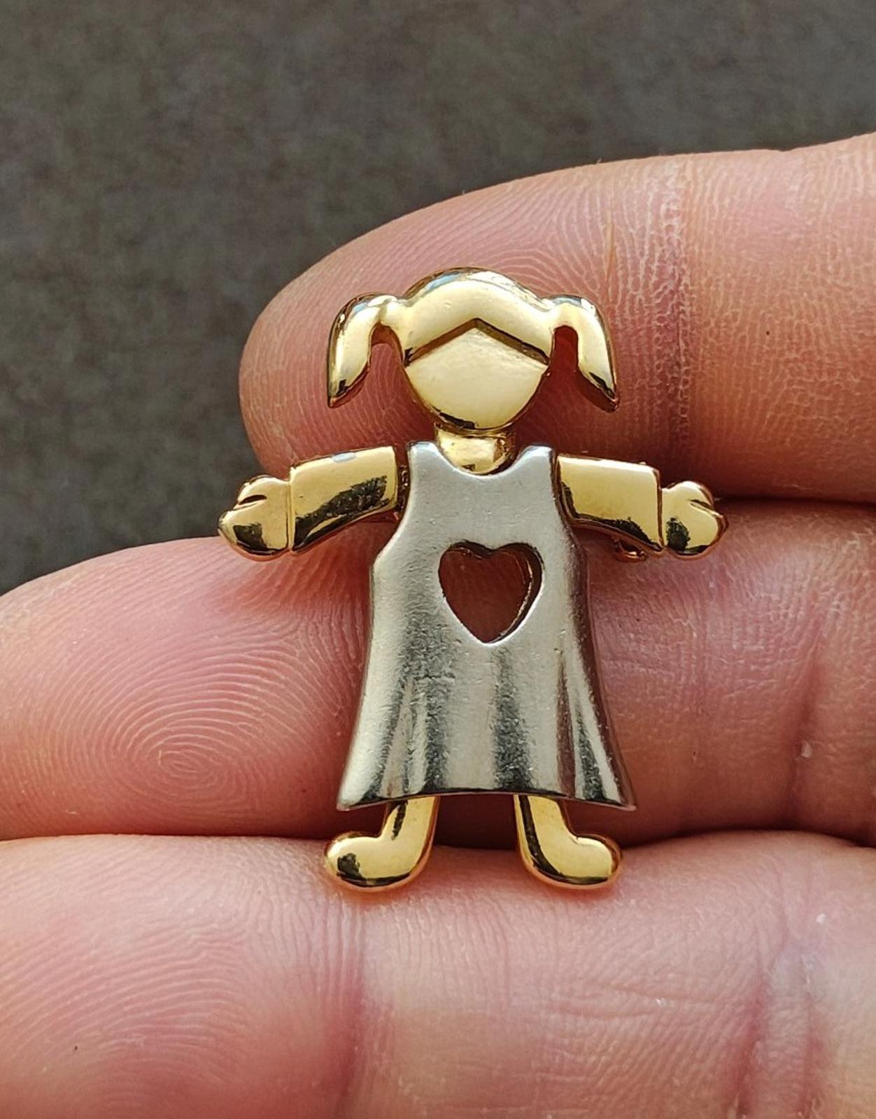 1990s Two Tone Little Girl With Pigtails In Dress With Heart Shaped Cutout Brooch