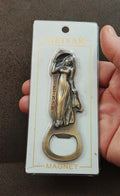 Vietnam souvenir brass magnetic bottle opener with woman figure, oval bottle-cap opening.