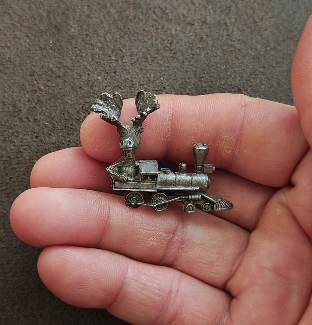 1980s/90s Rare Moose Riding a Locomotive Train Pewter Pin