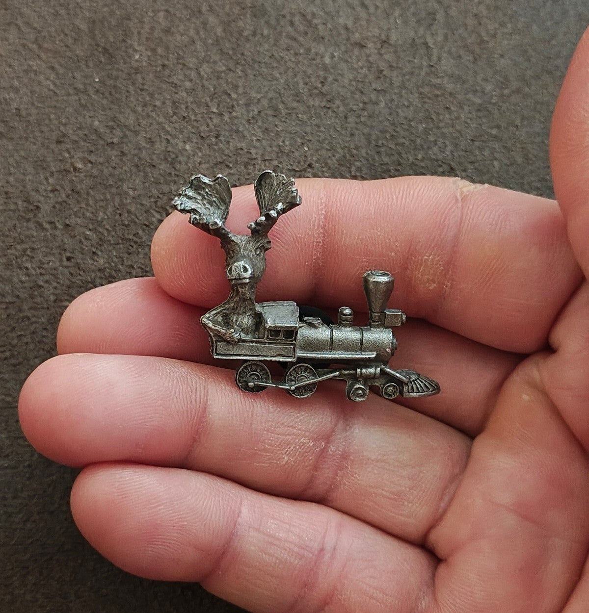 1980s/90s Rare Moose Riding a Locomotive Train Pewter Pin