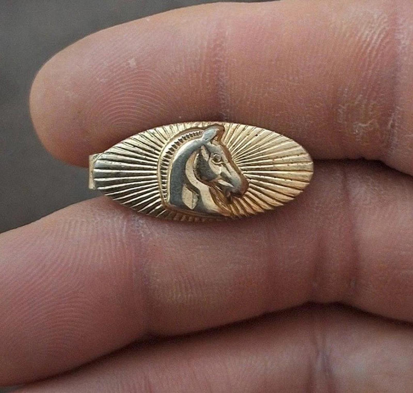 Gold-tone oval tie bar clip with horse profile relief and textured sunburst rays