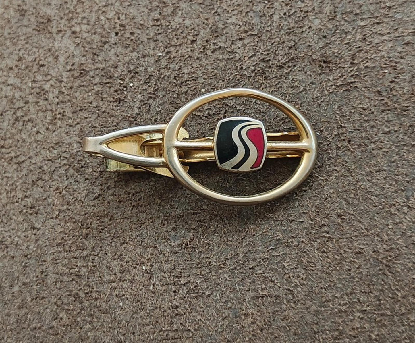 1980s Gold Tone Enamel Highway Tie Clip