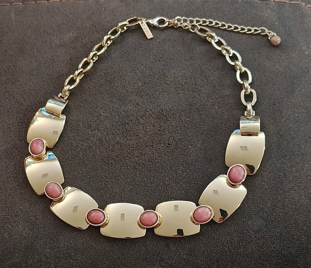 WHBM Gold Tone Rectangular Panel Pink Rhodonite Choker Statement Collar Necklace