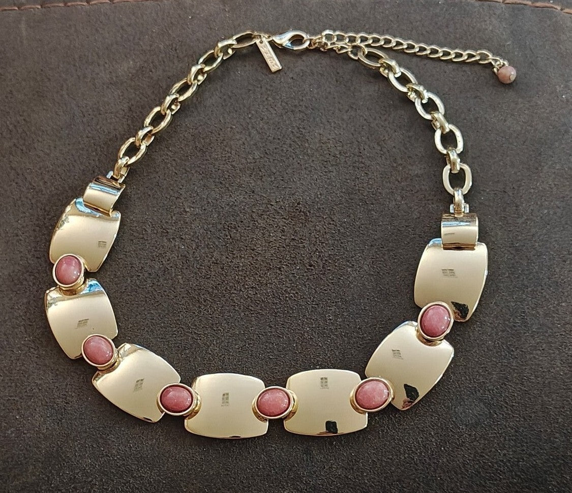 WHBM Gold Tone Rectangular Panel Pink Rhodonite Choker Statement Collar Necklace