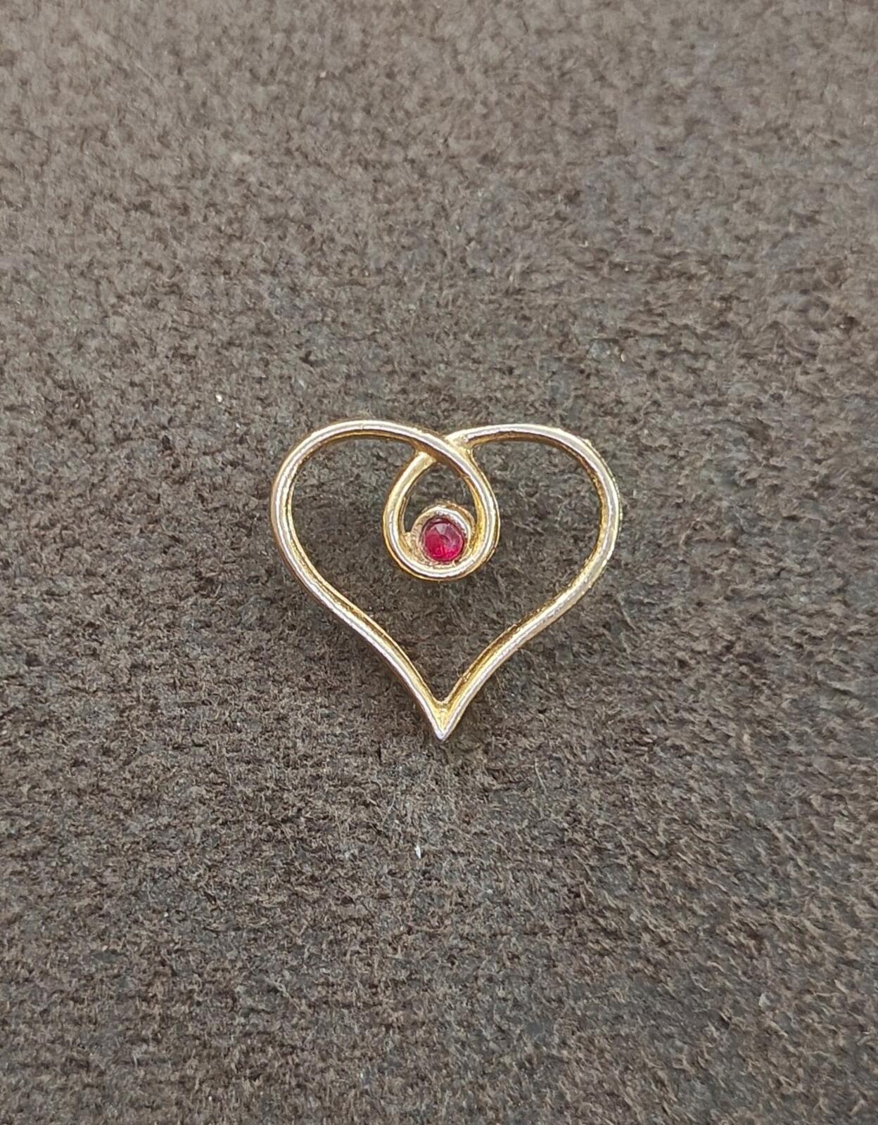1980s Gold Tone Heart With Small Red Gemstone In Center Pin