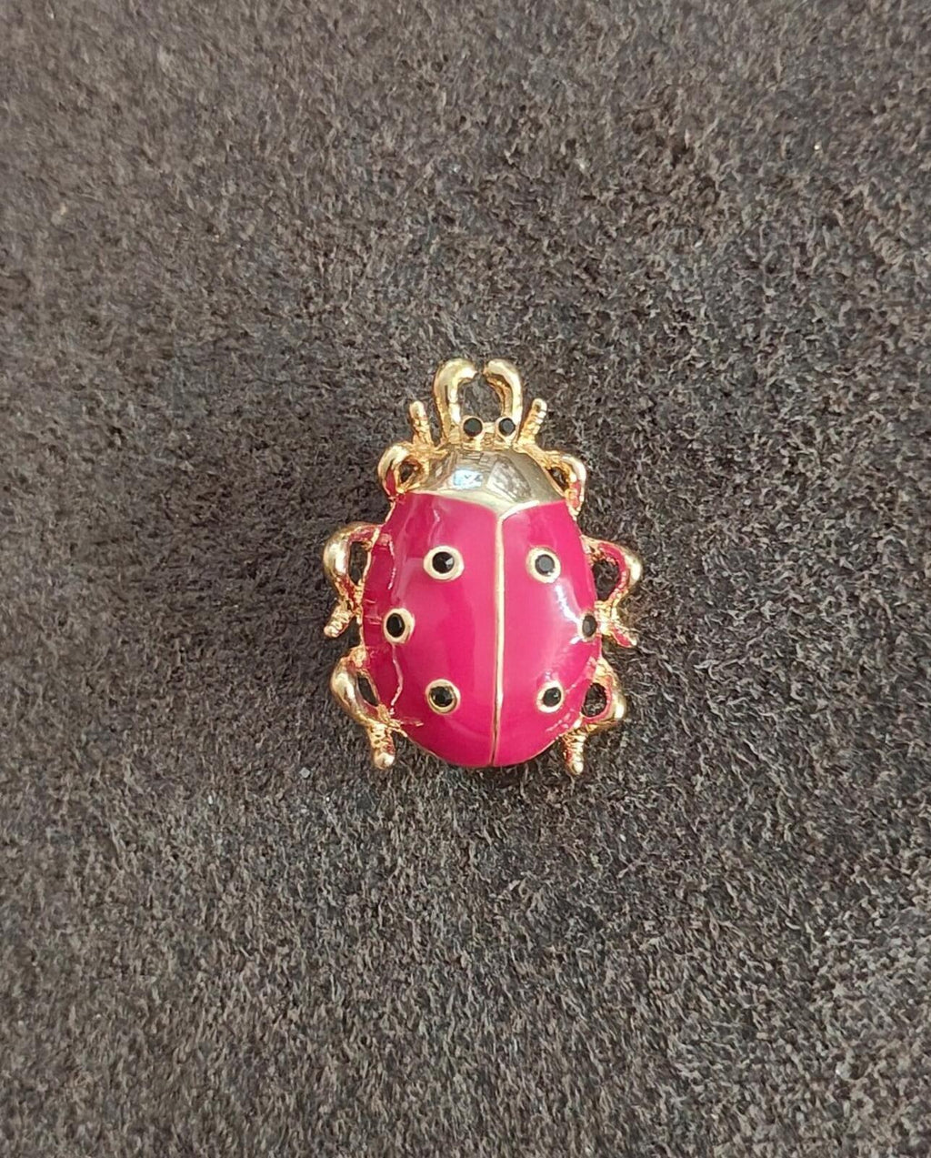 Front view of red enamel ladybug brooch with black spots and gold antenna