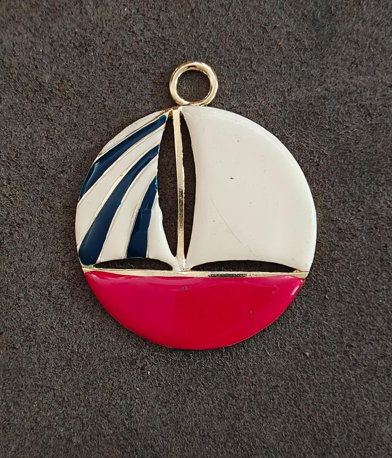 1960's Large Nautical Sailboat Gold Tone Enamel Pendant