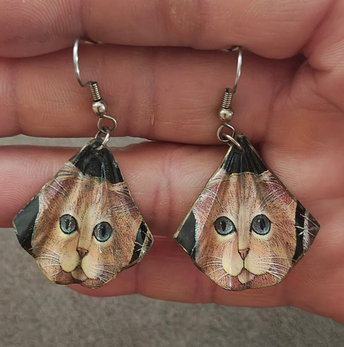 Handmade Cat Face Dangle Earrings Orange Tabby Kitten