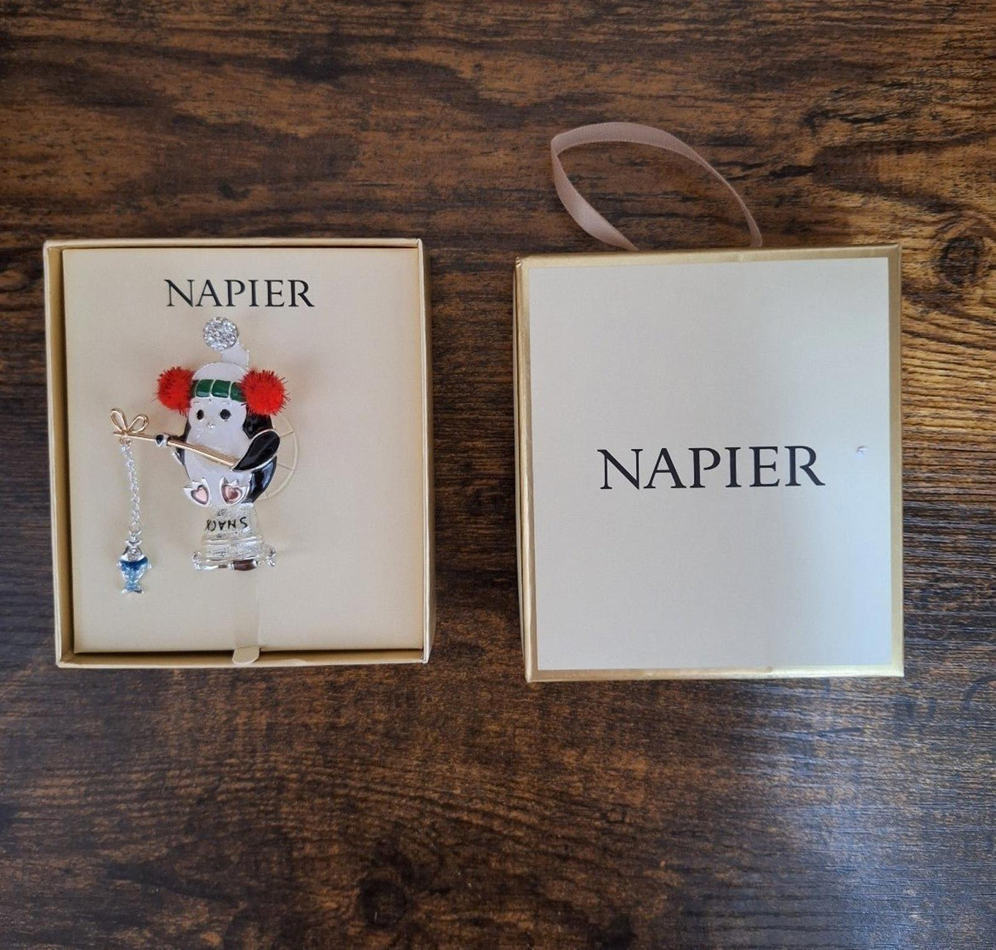 Super Cute Napier Silver Tone Enamel Elevated Fishing Penguin Pin New In Box.