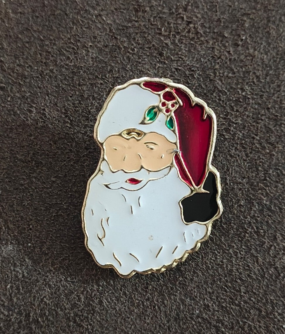 1980s Santa Claus Face Gold Tone Enamel Brooch