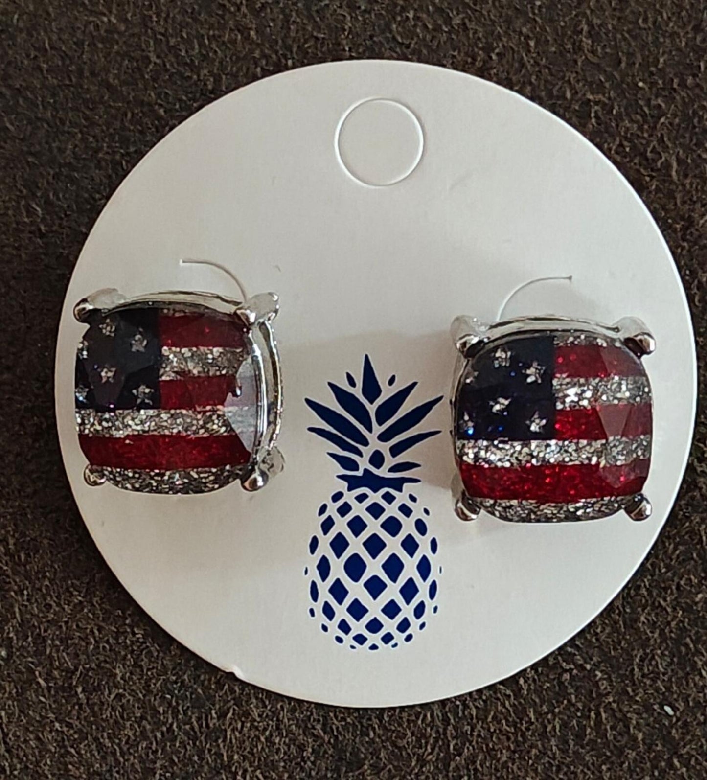 Patriotic Cushion-Cut Glass With Glitter Accents American Flag Stud Earrings.