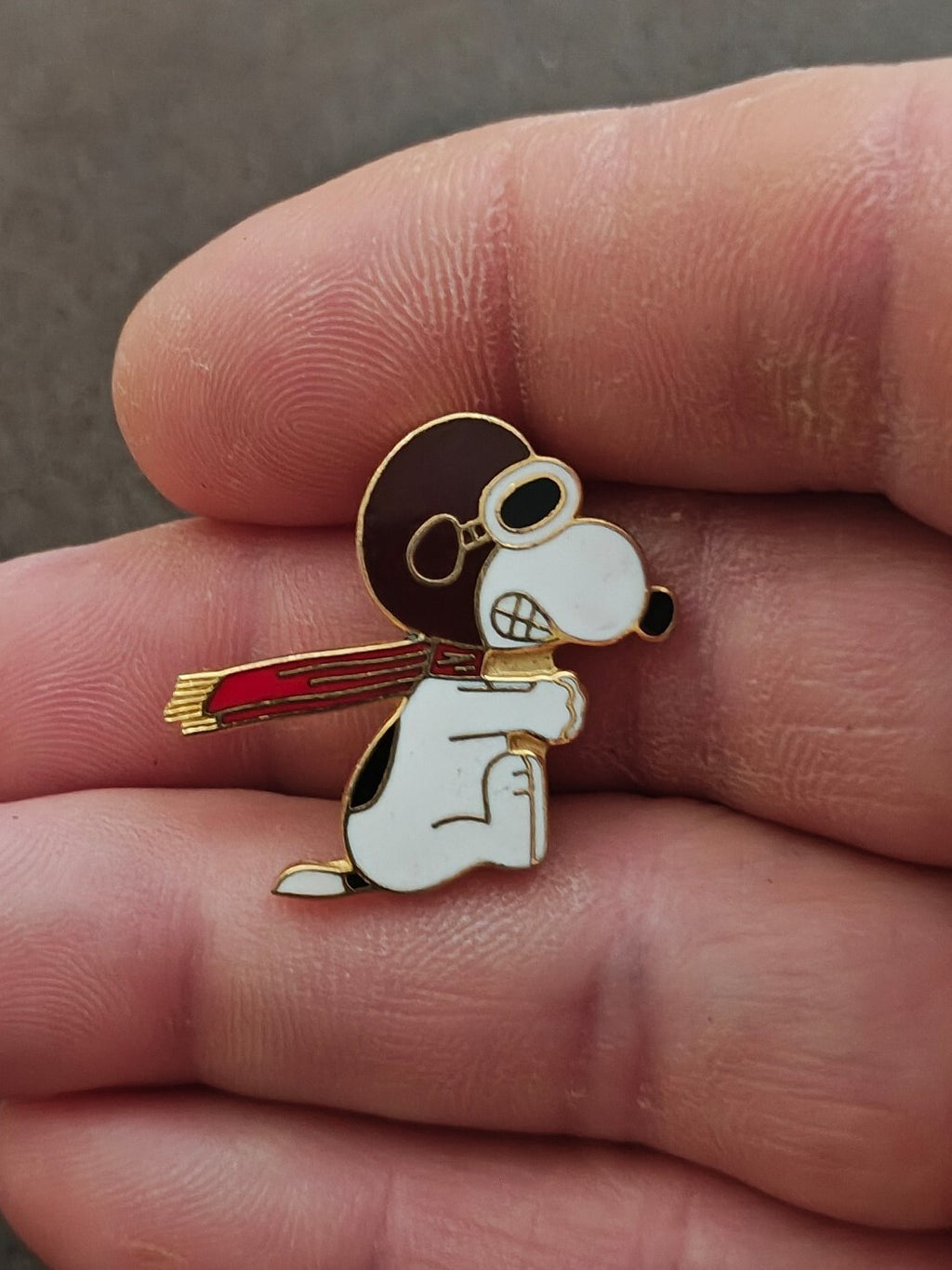 1970s Peanuts Snoopy "WWI Flying Ace" Gold Tone Enamel Pin.